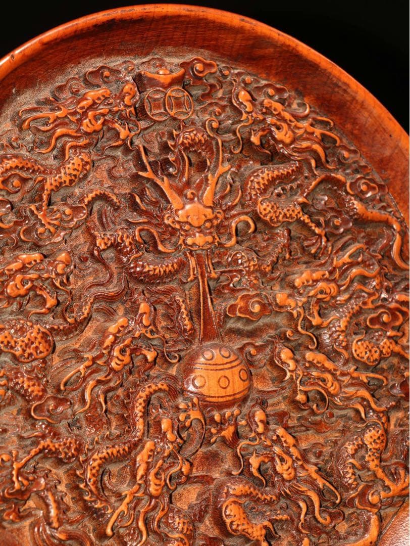 老黄楊木（ツゲ）彫刻「九龍戯珠」