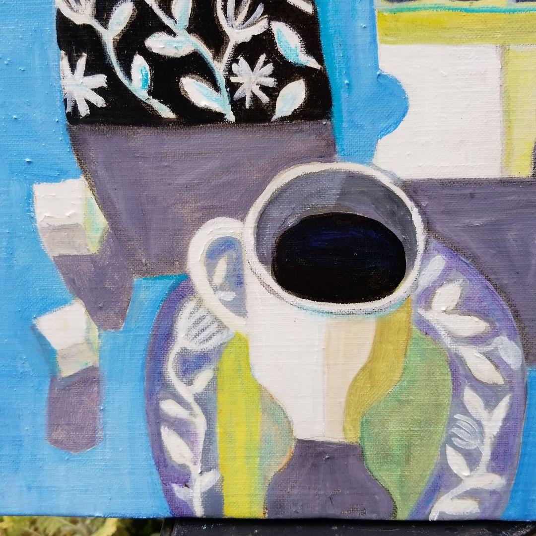 キャンバス油絵　よっこ　クールな配色のテーブル　大きいキャンバス縦45.5