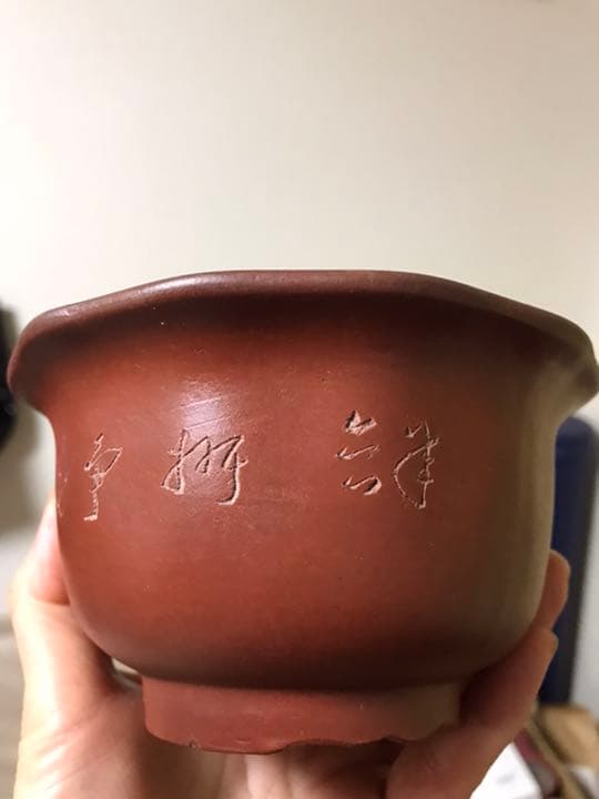 盆栽鉢　時代中国朱泥花型梅花図ミニ盆栽鉢13.5x7.3cm