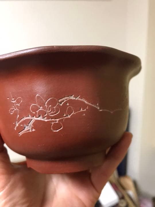 盆栽鉢　時代中国朱泥花型梅花図ミニ盆栽鉢13.5x7.3cm