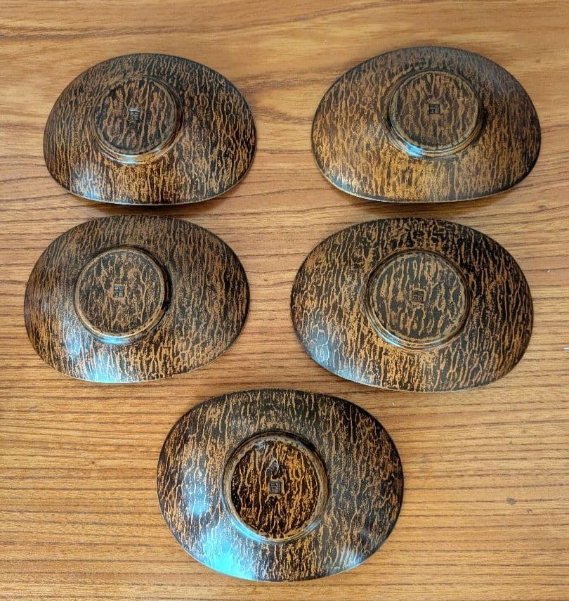 茶道具 静和堂 金谷五良三郎作 黄銅鎚目小判型 茶托 5客