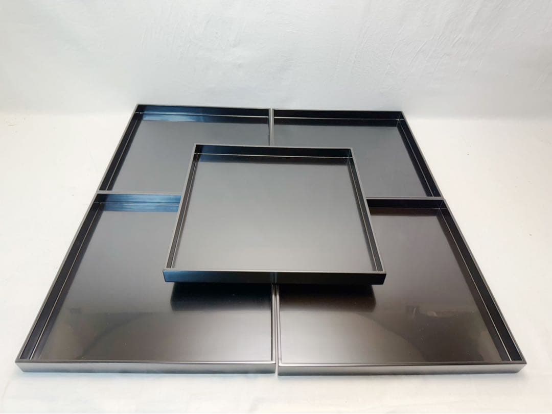 未使用 懐石道具 塗師 桂寬作 木製黒真塗 懐石膳 5客揃 会席膳 四方膳 共箱