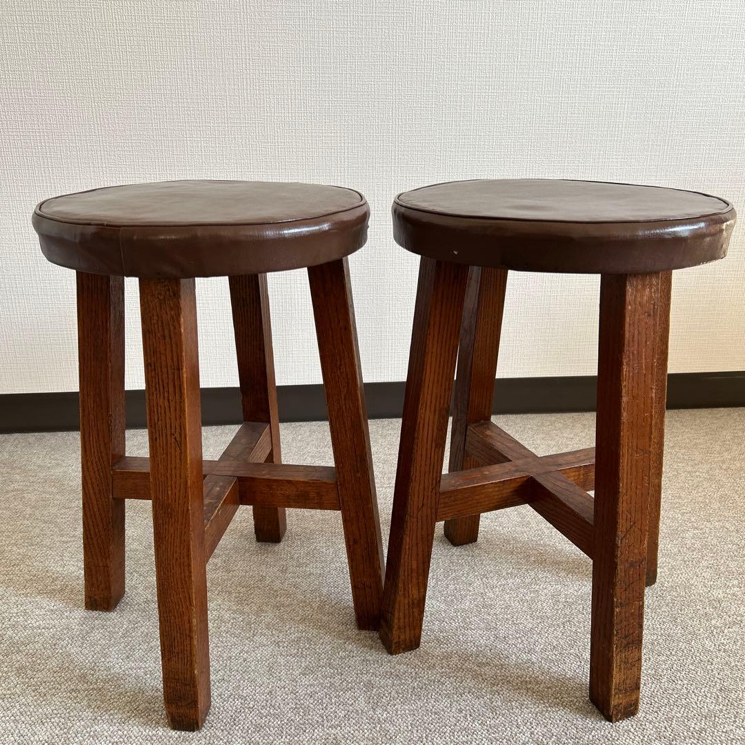 ビンテージ　ブラウン 木製 円形スツール 2個セット　天然木