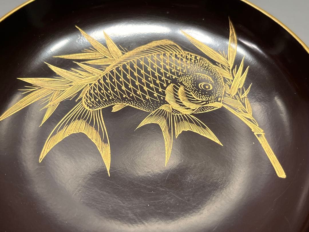 時代　沈金蒔絵　鯛の図　木皿　十枚　木製