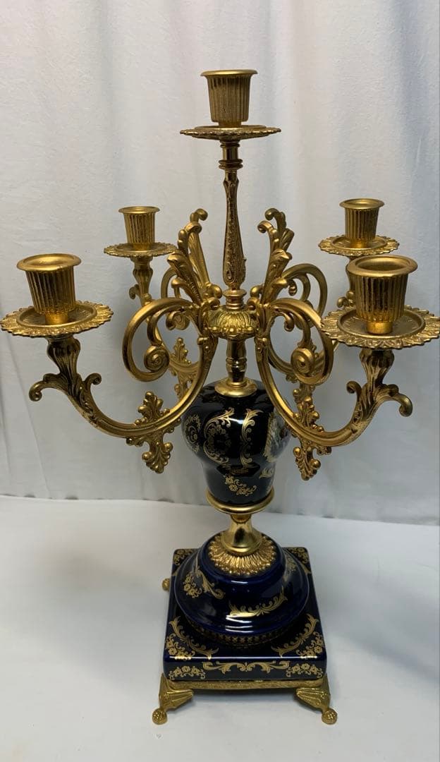 ヴィンテージ伊製コバルトブルー磁器5灯キャンドルスタンドロマンティック調美品豪華