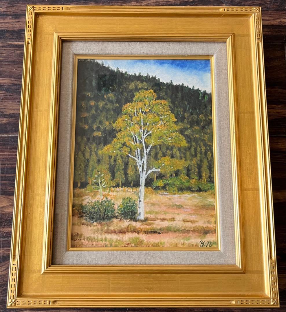 並木保次「貴婦人の白樺」油彩 F4 額装 油絵 油画 絵画 D