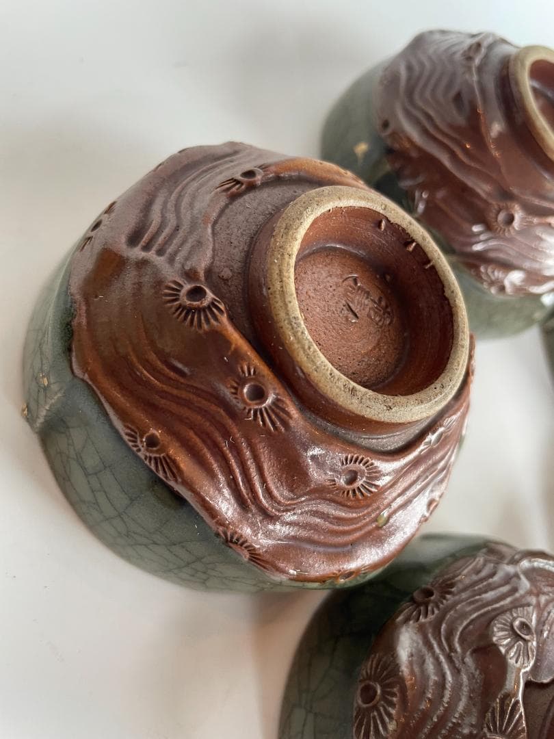 希少 骨董 時代物 大堀 相馬焼 急須 湯のみ 湯呑 湯飲 5客揃 金彩 美品