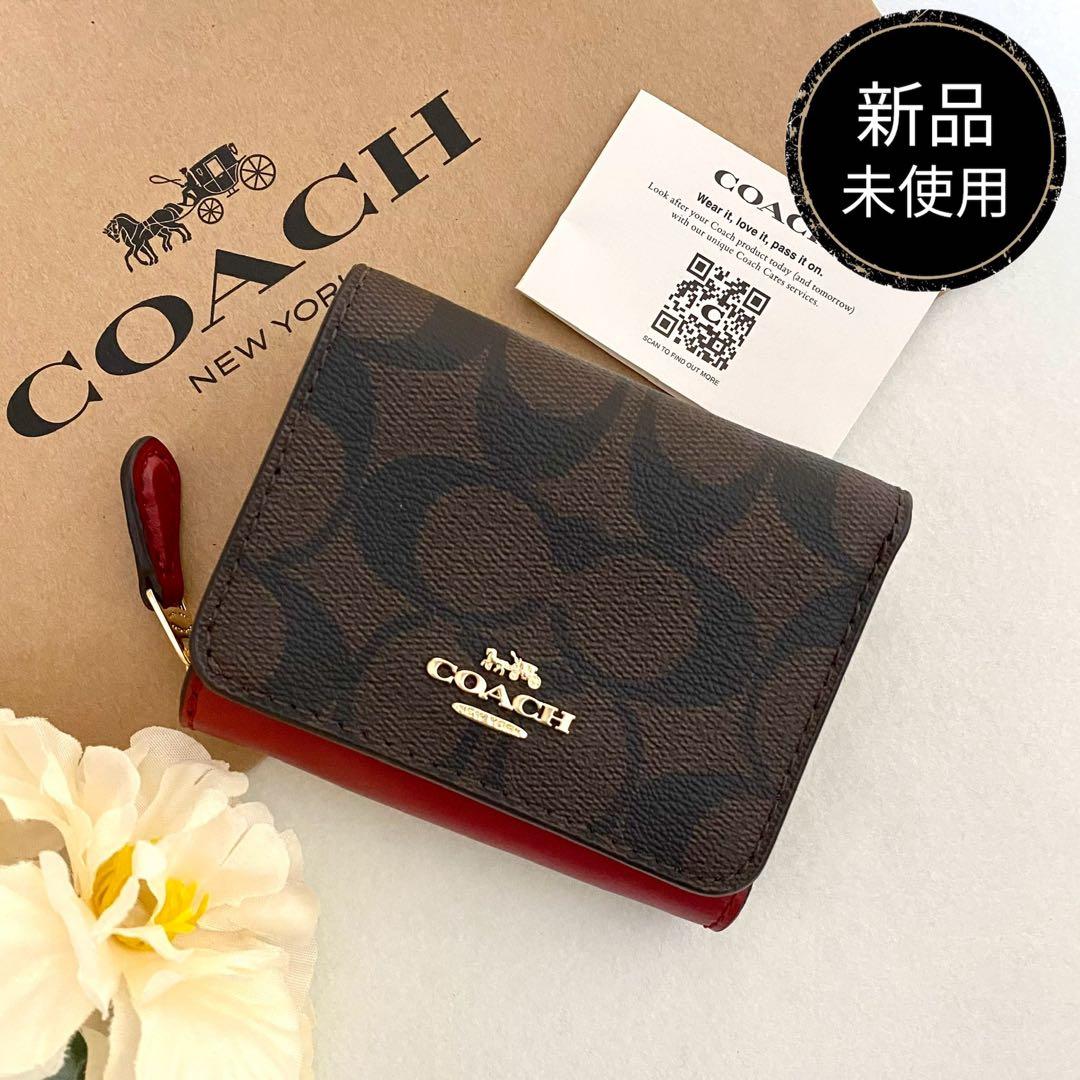 新品　正規品☆COACH コーチ　折り財布　レッド　シグネチャー 三つ折り財布