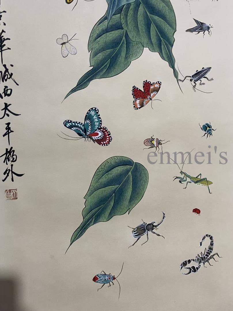 中国古美術 近代 齊白石款 昆虫と葉の掛軸 宣紙 肉筆 唐物 書画 名家作 旧蔵