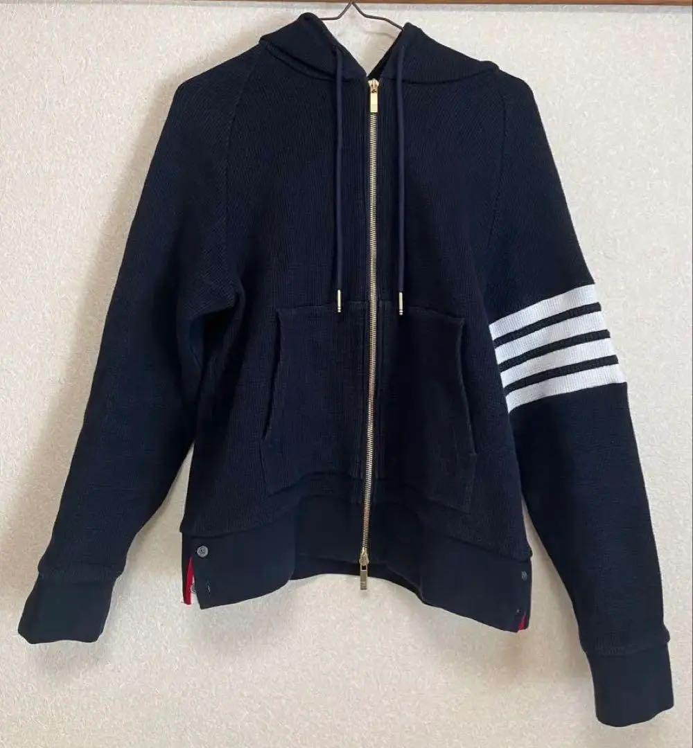 トムブラウン/ネイビーワッフル ラグランスリーブ 4BARフーディー/M