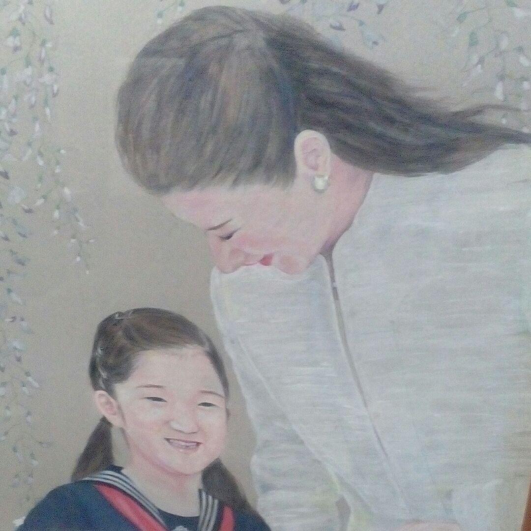 海外コレクター向天皇家雅子皇后様愛子内親王様縦７８X横６７センチ水彩画額装品