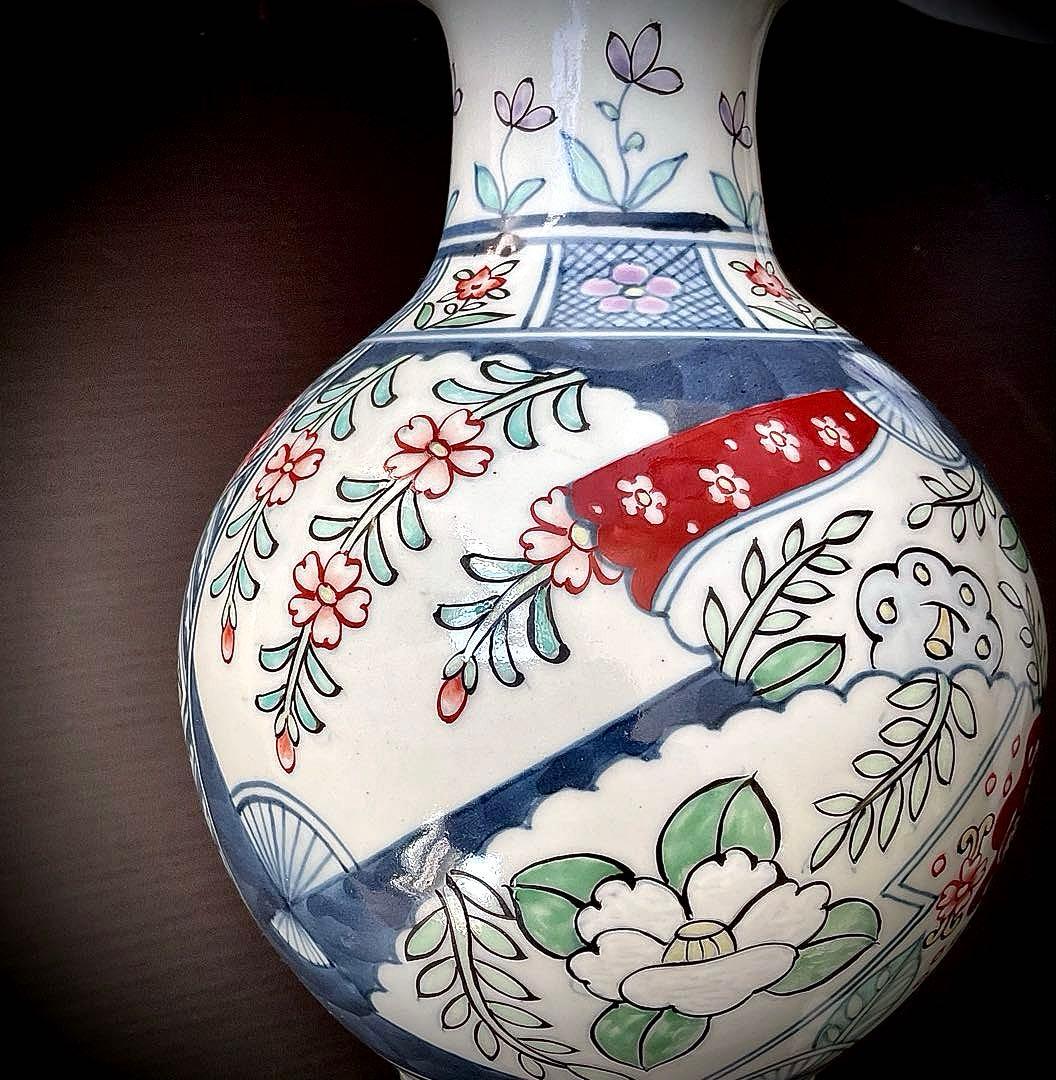 №８７６　佐藤走波（六代）　花瓶or つぼ　染錦　扇絵辻が花文【特特選•一点物】