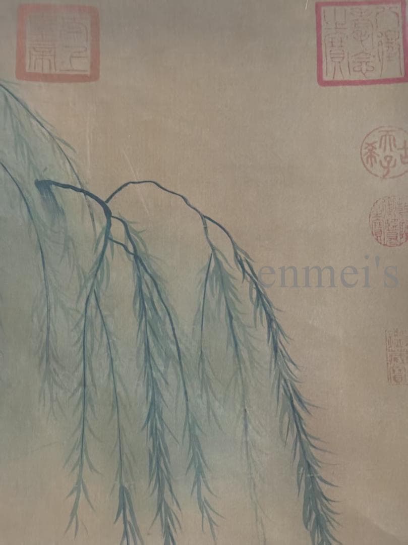 中国古美術・純手描き柳陰対弈図・六尺掛軸・水彩画・唐寅印款・書道品・絹本・肉筆