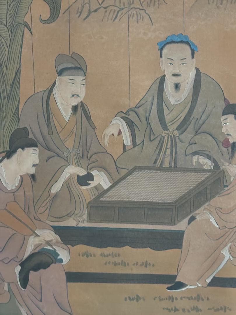 中国古美術・純手描き柳陰対弈図・六尺掛軸・水彩画・唐寅印款・書道品・絹本・肉筆