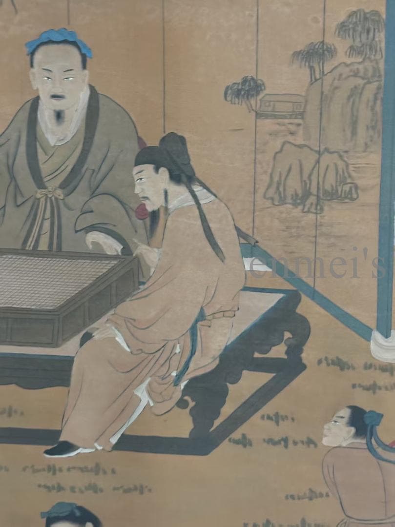 中国古美術・純手描き柳陰対弈図・六尺掛軸・水彩画・唐寅印款・書道品・絹本・肉筆