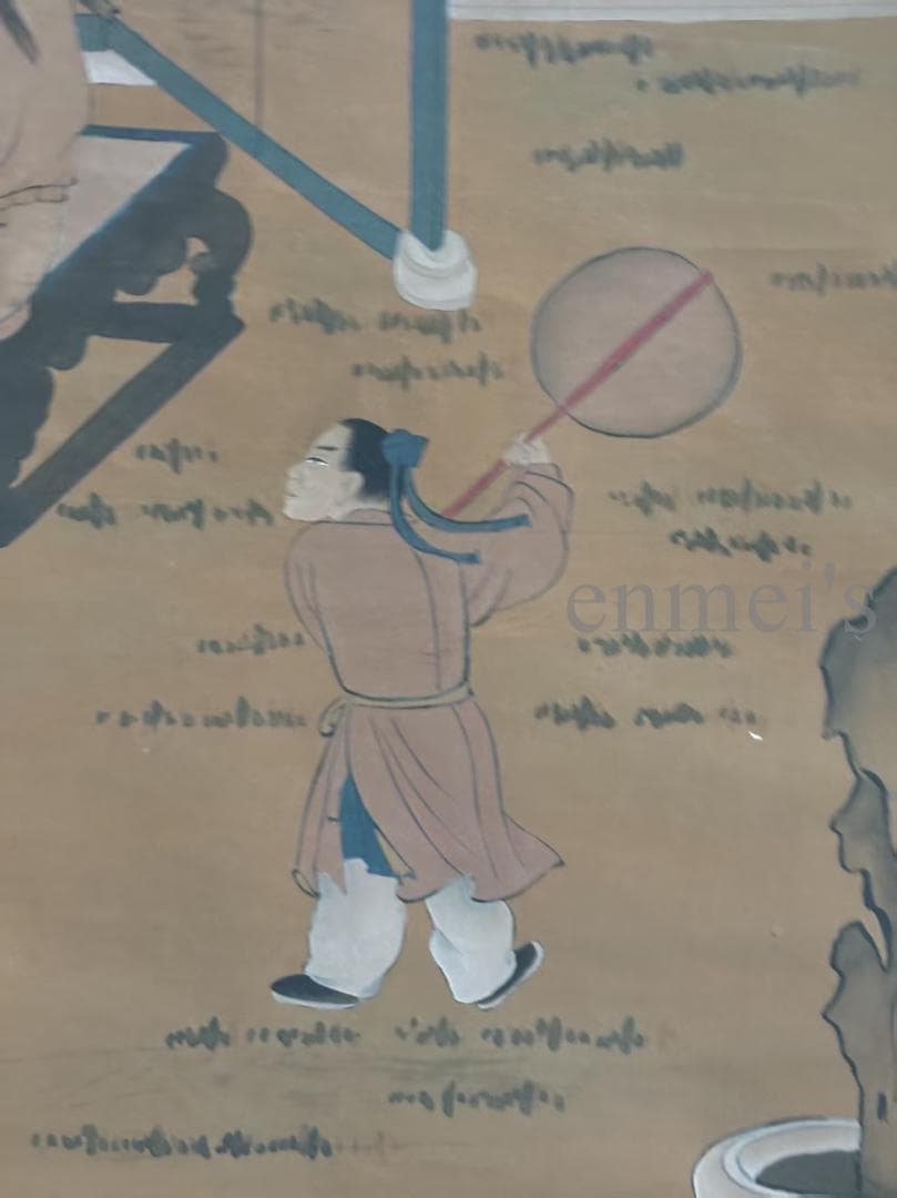 中国古美術・純手描き柳陰対弈図・六尺掛軸・水彩画・唐寅印款・書道品・絹本・肉筆
