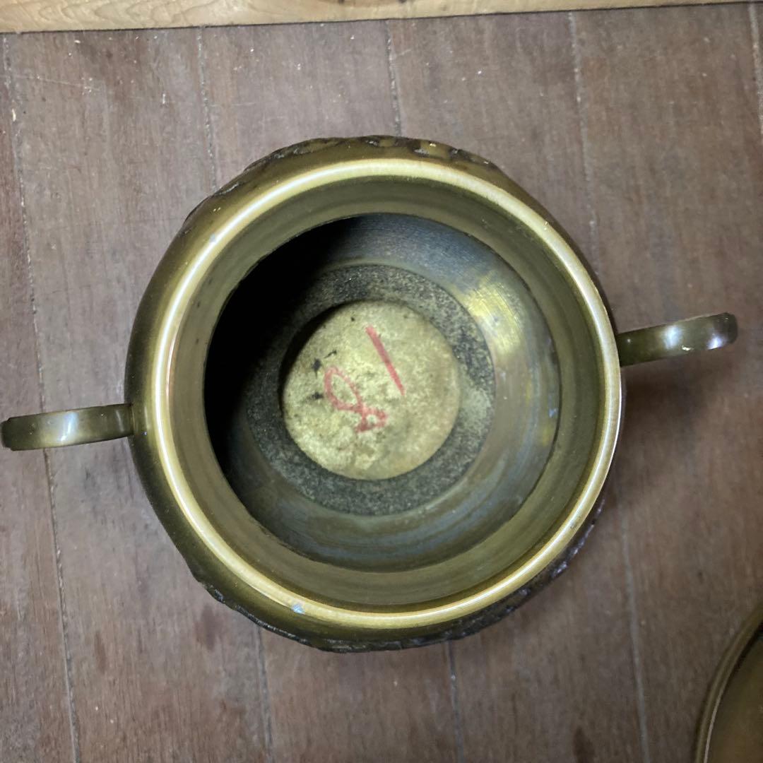 華道具　池坊　薄端　銅製花器　花入　生け花　三足　唐金製　山水　銅器　インテリア