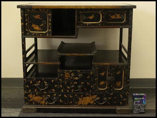 小夜 古美術 纏枝蓮花紋 吉祥蒔絵 棚 時代物 大名道具(AZ999)