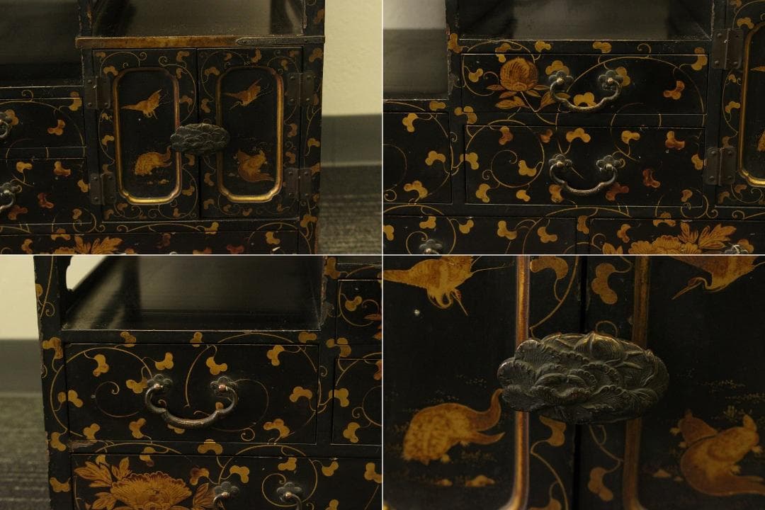 小夜 古美術 纏枝蓮花紋 吉祥蒔絵 棚 時代物 大名道具(AZ999)