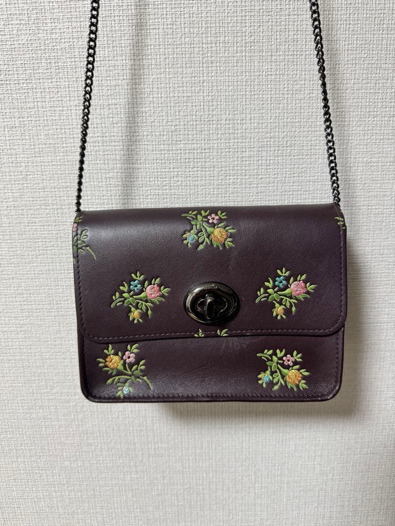 コーチ　2way花柄刺繍 ダークブラウン パーティーバッグ