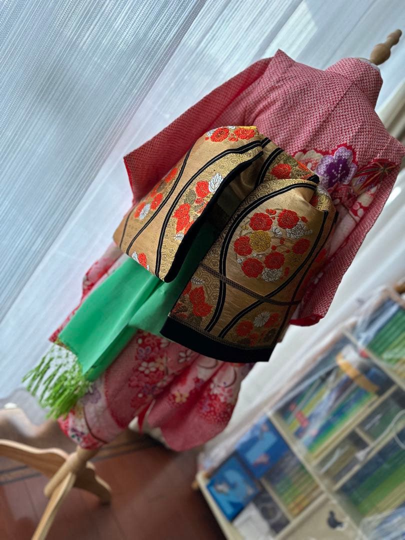 7歳七五三フルセット 赤×白×紫 絞り風花柄着物と立涌模様の帯