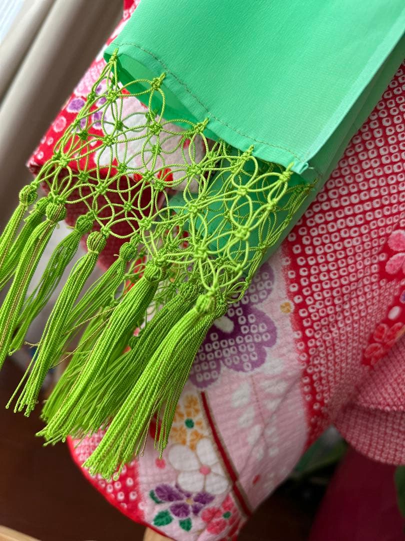 7歳七五三フルセット 赤×白×紫 絞り風花柄着物と立涌模様の帯