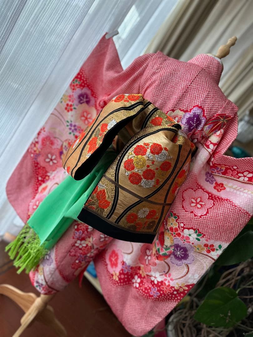 7歳七五三フルセット 赤×白×紫 絞り風花柄着物と立涌模様の帯