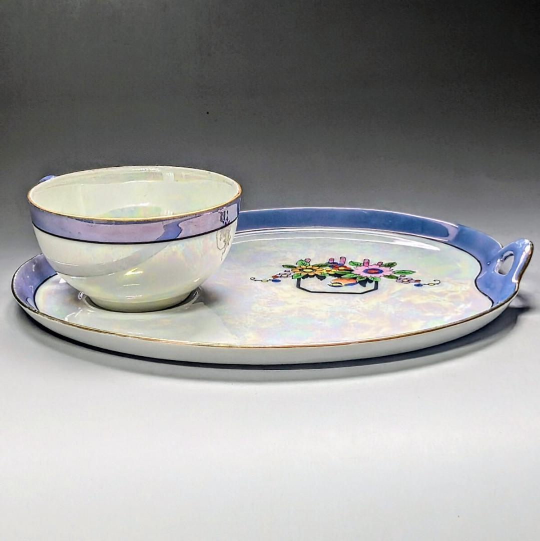 オールドノリタケ アールデコ期 虹ラスター彩 南国鳥と花絵柄の スナックセット