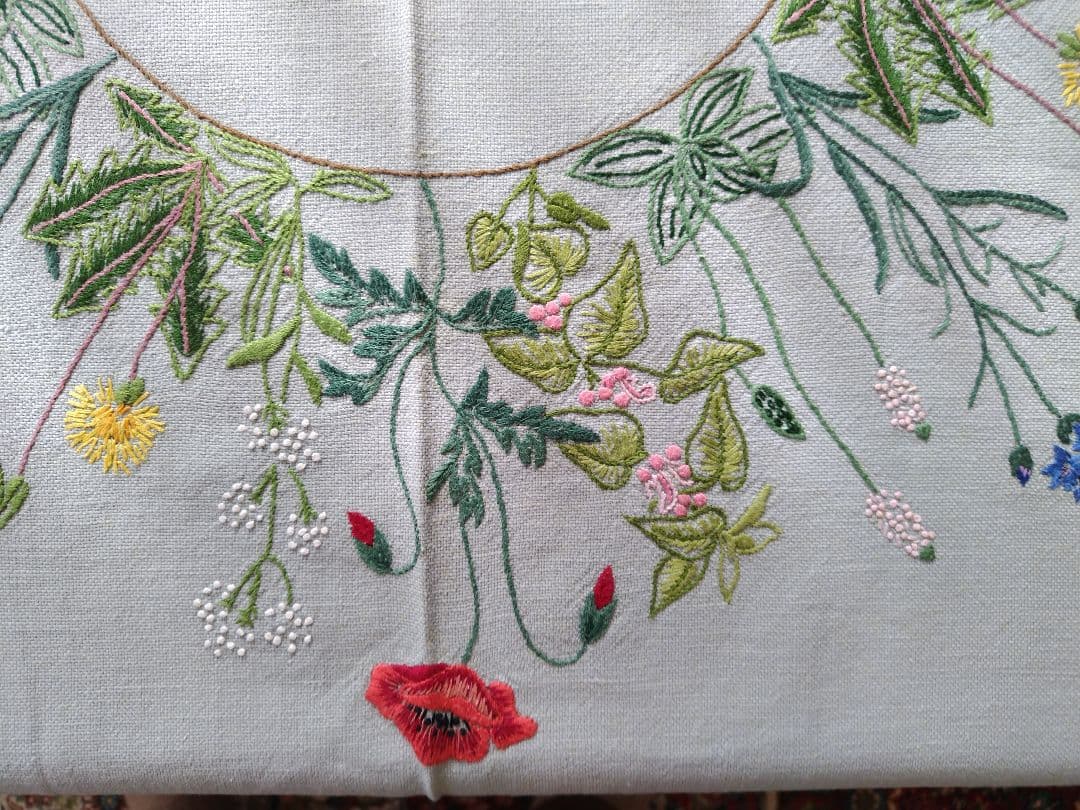 灰青色地花柄刺繍テーブルクロスハンドメイドビンテージ