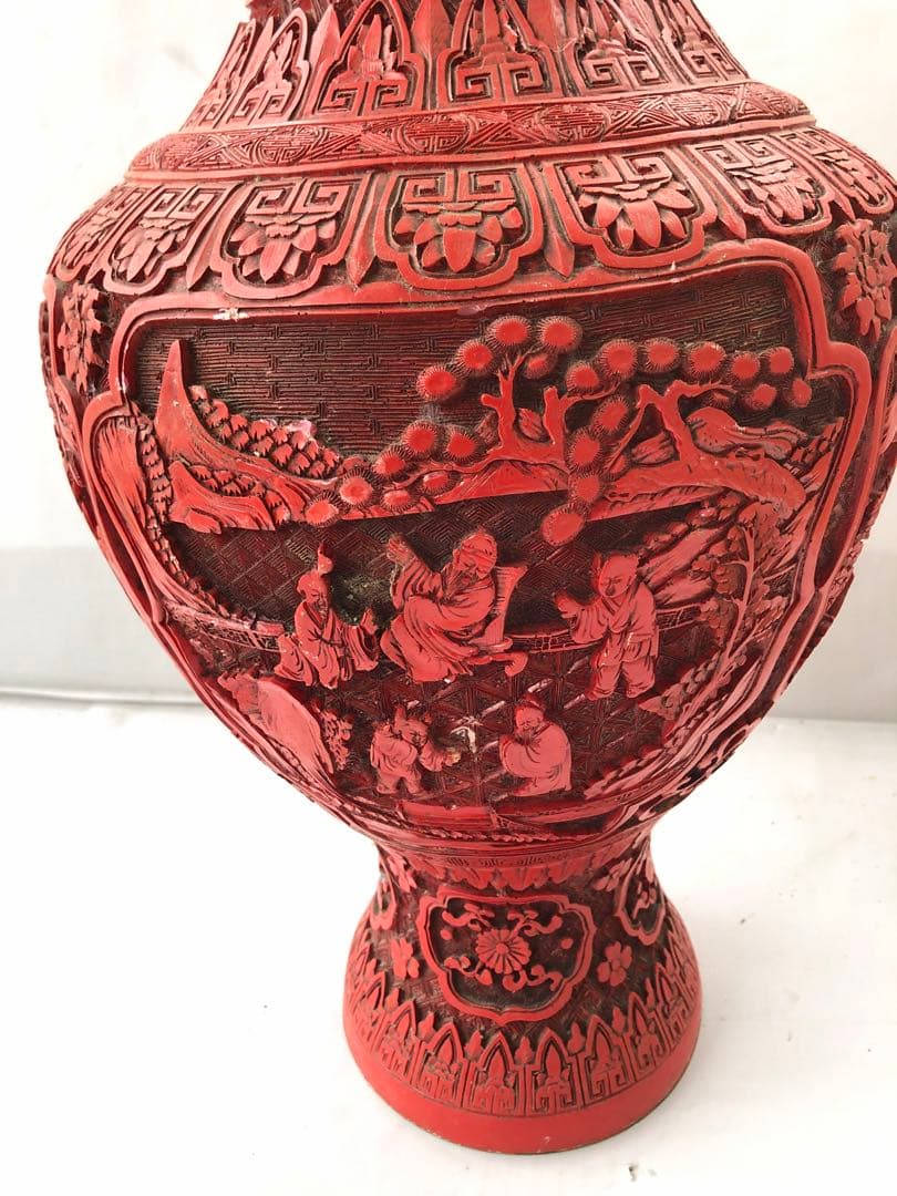 中国美術 人物彫文堆朱花瓶 高48cm 銅製 細密細工 花文 骨董(I95)