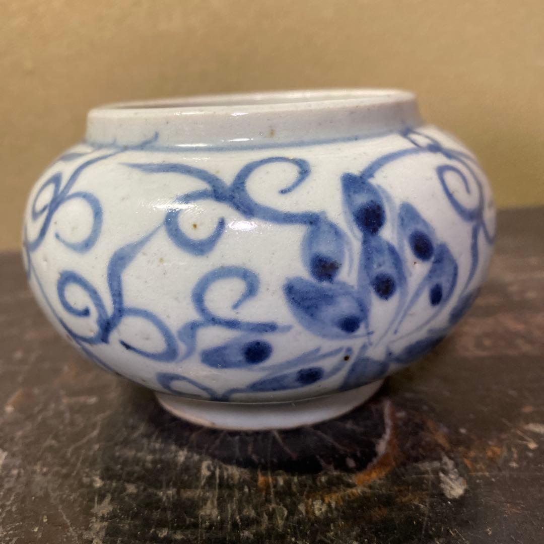 中国古玩　染付草花文水滴