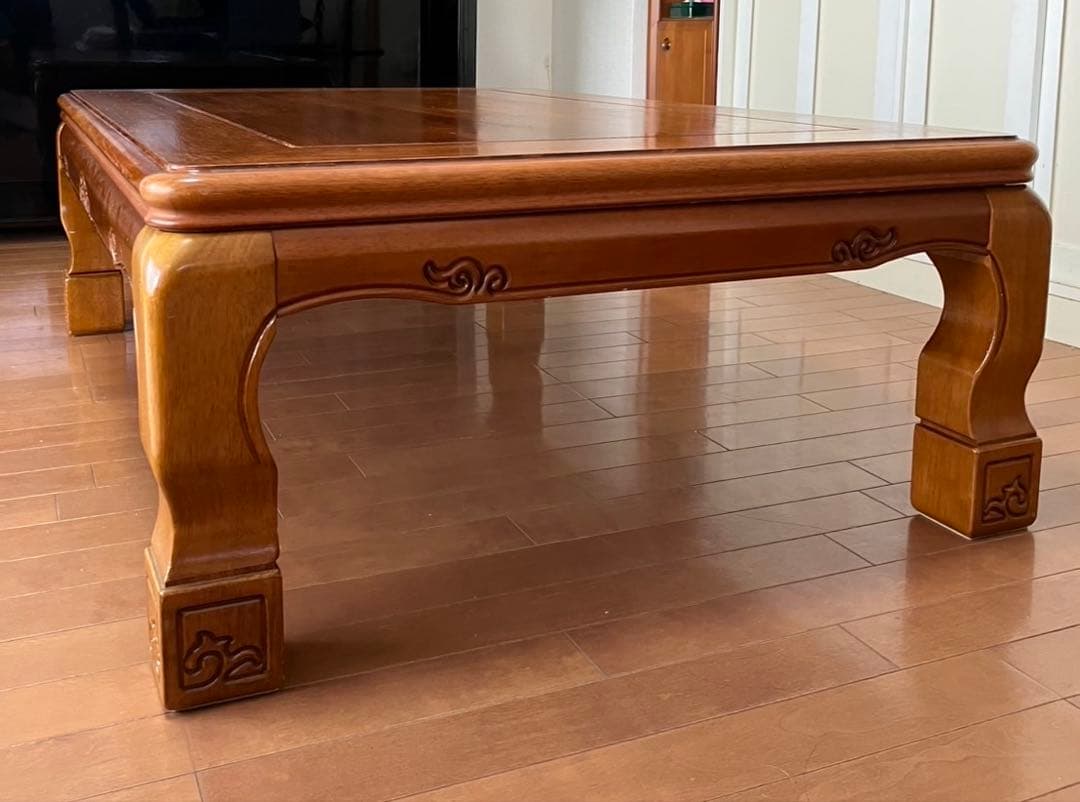 値下げ可○木製 ダークブラウン こたつテーブル 彫刻入り