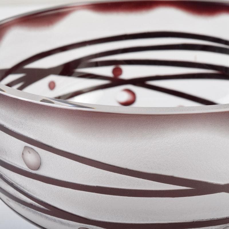 ガラス工芸　荒木良忠作　玻璃彫刻　銅赤流水文　菓子鉢　共箱　C　9187