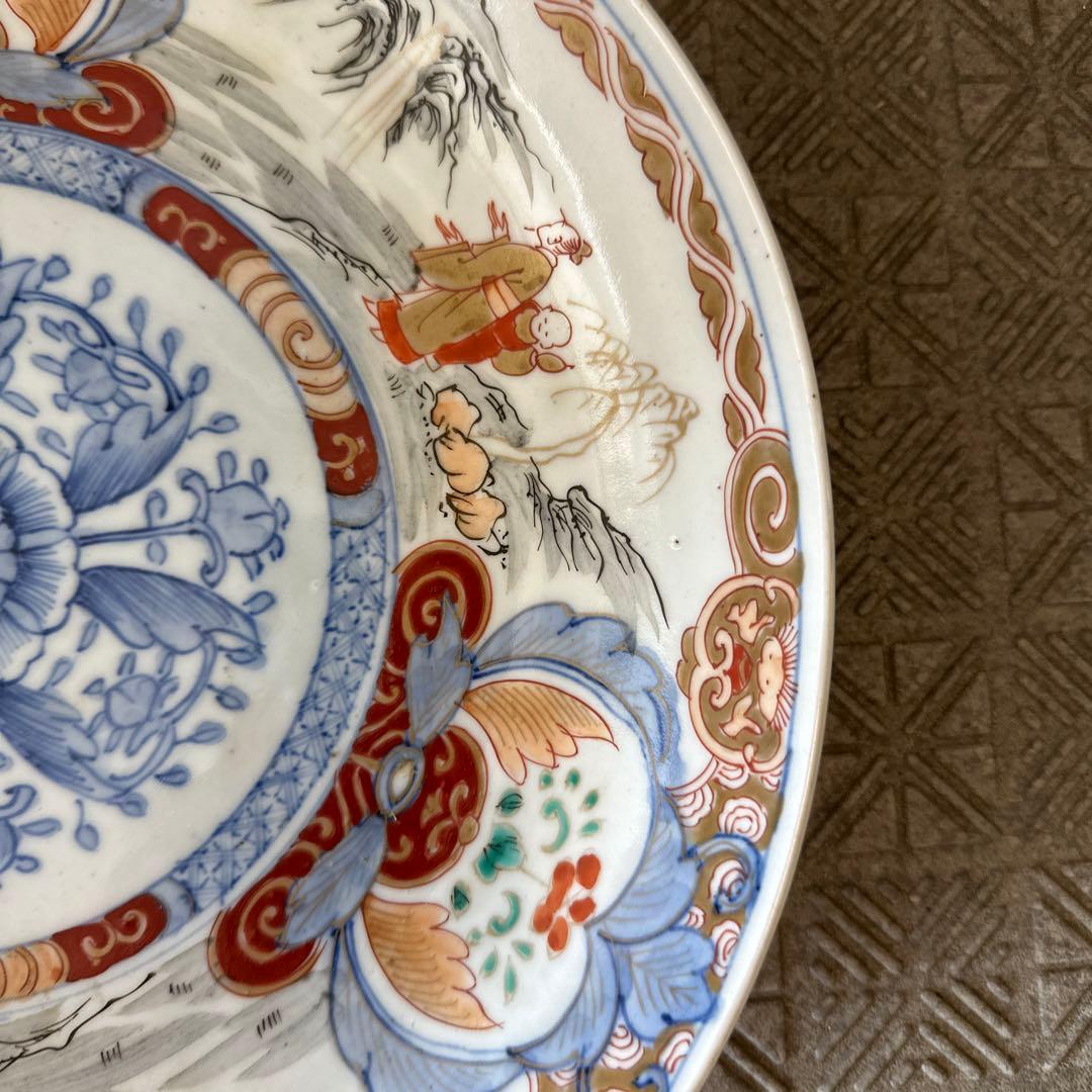 古伊万里、金彩染錦、双仙人、山河図。大皿。箱付き。