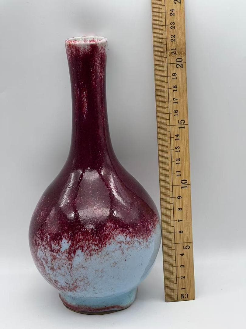 新中国八九十年代 天青釉紫斑長頸小瓶　「禹県鈞窯二場」銘入り(B-87)