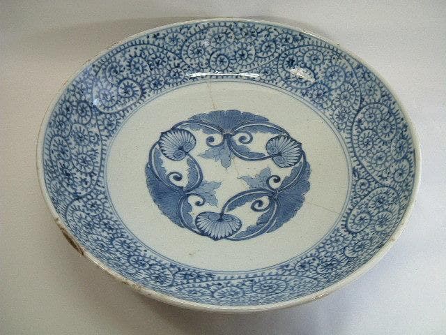 大皿■渦福「江戸中期」蛸唐草紋古伊万里染付大皿 大鉢 菓子器 時代物 骨董品■