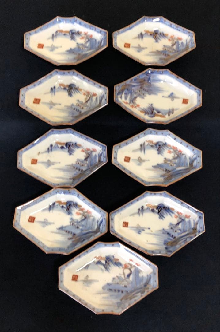 《R》伊万里 染付金彩 山水図 菱形皿9客 変形皿250714E2