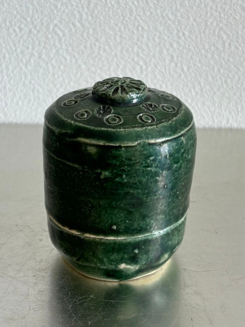 大吉　香合　総織部　京都　杉本立夫　 陶器 茶道具 円筒形　共箱付