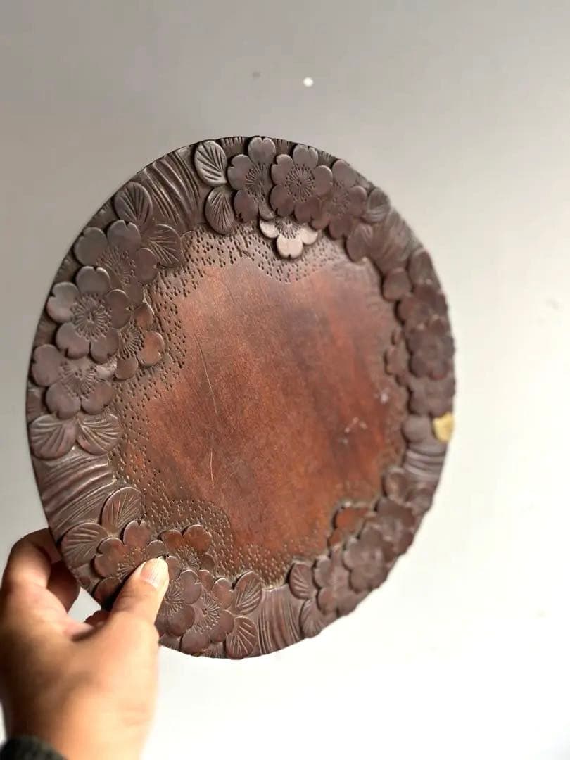 754 ヴィンテージ 軽井沢彫 桜彫 丸盆 大阪屋家具店 金継ぎ 民芸 工芸