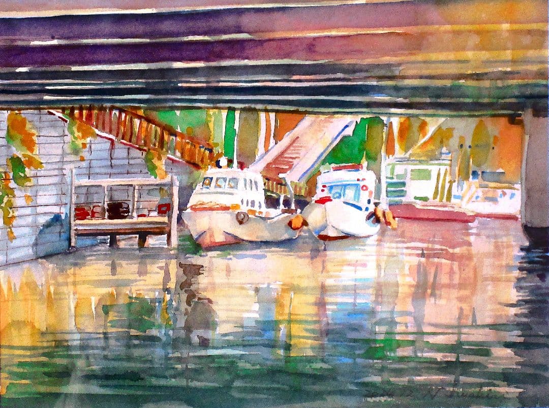 水彩画の風景 ボートと水面の反射