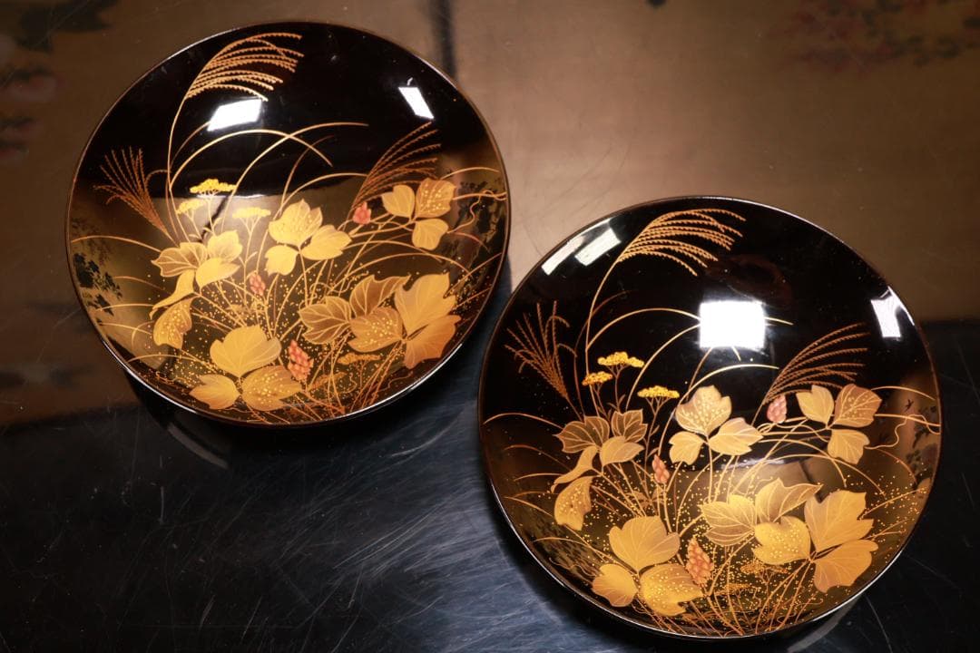 はる、BJ031A 時代輪島塗　秋乃草図金蒔絵　あつもの椀　吸物椀　二客