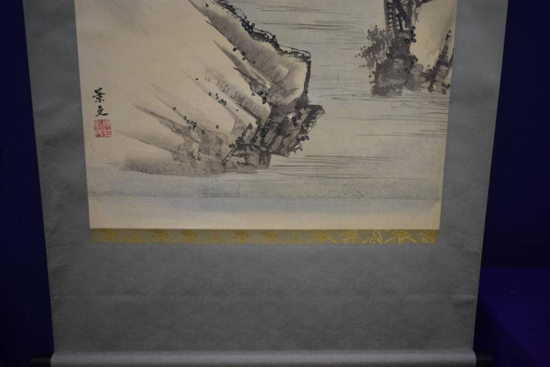 真作/景文/牛に人物宴図/農耕図/布袋屋掛軸HI-56