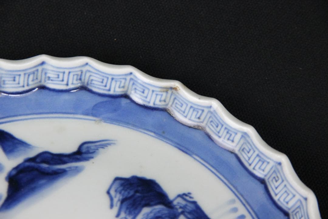 古伊万里 染付 山水 五枚 菓子皿 風景絵 江戸明治期 補修済み Eo21-7