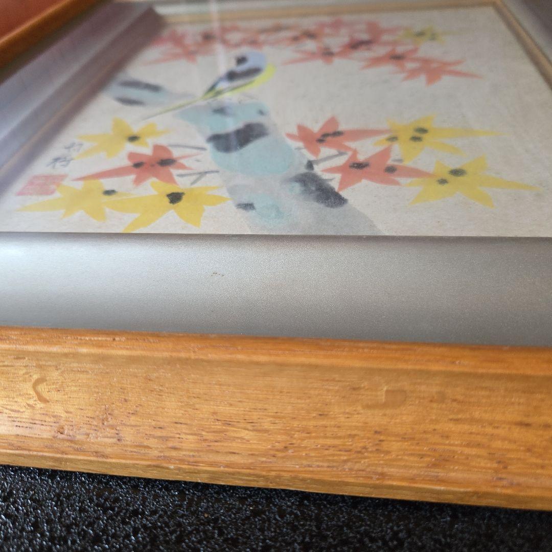 額付き紅葉と鳥日本画