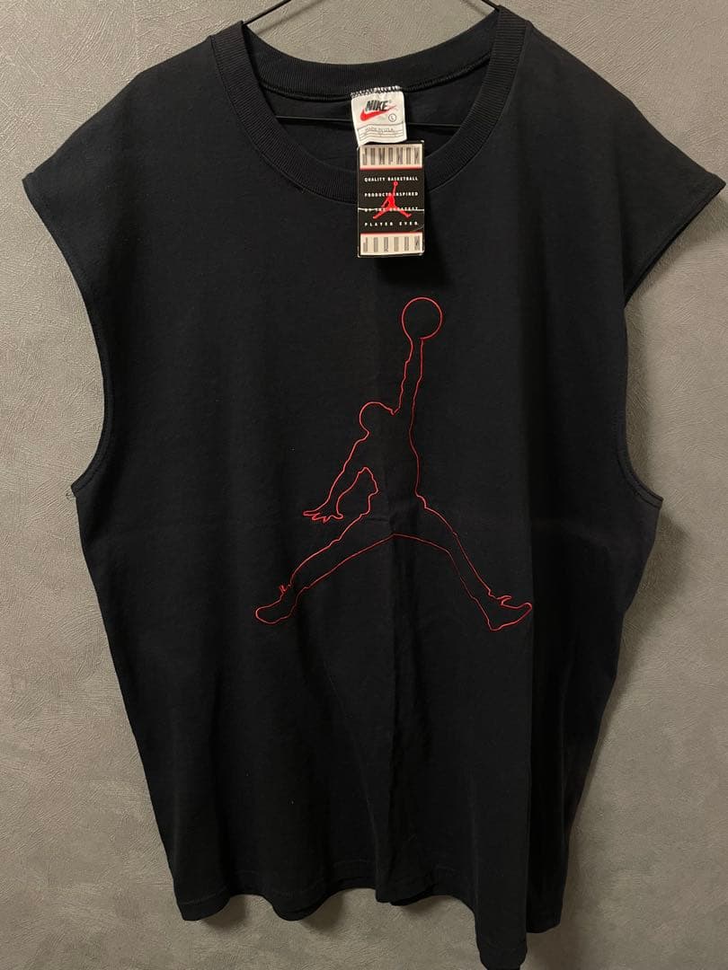★【超希少】90s JORDAN ノースリーブ　Lサイズ　ブラック　刺繍　ロゴ★