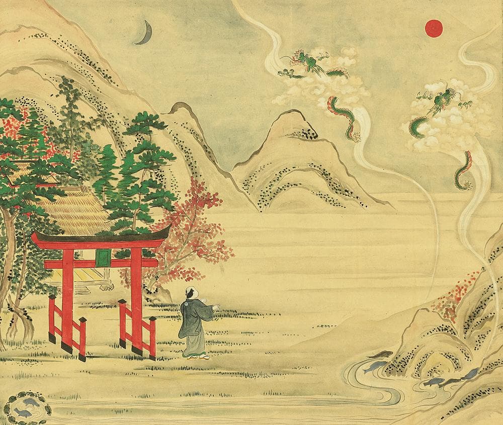 無落款 夢相図 掛軸 肉筆 紙本 龍 鯉 月 旭 鳥居 神社 風景