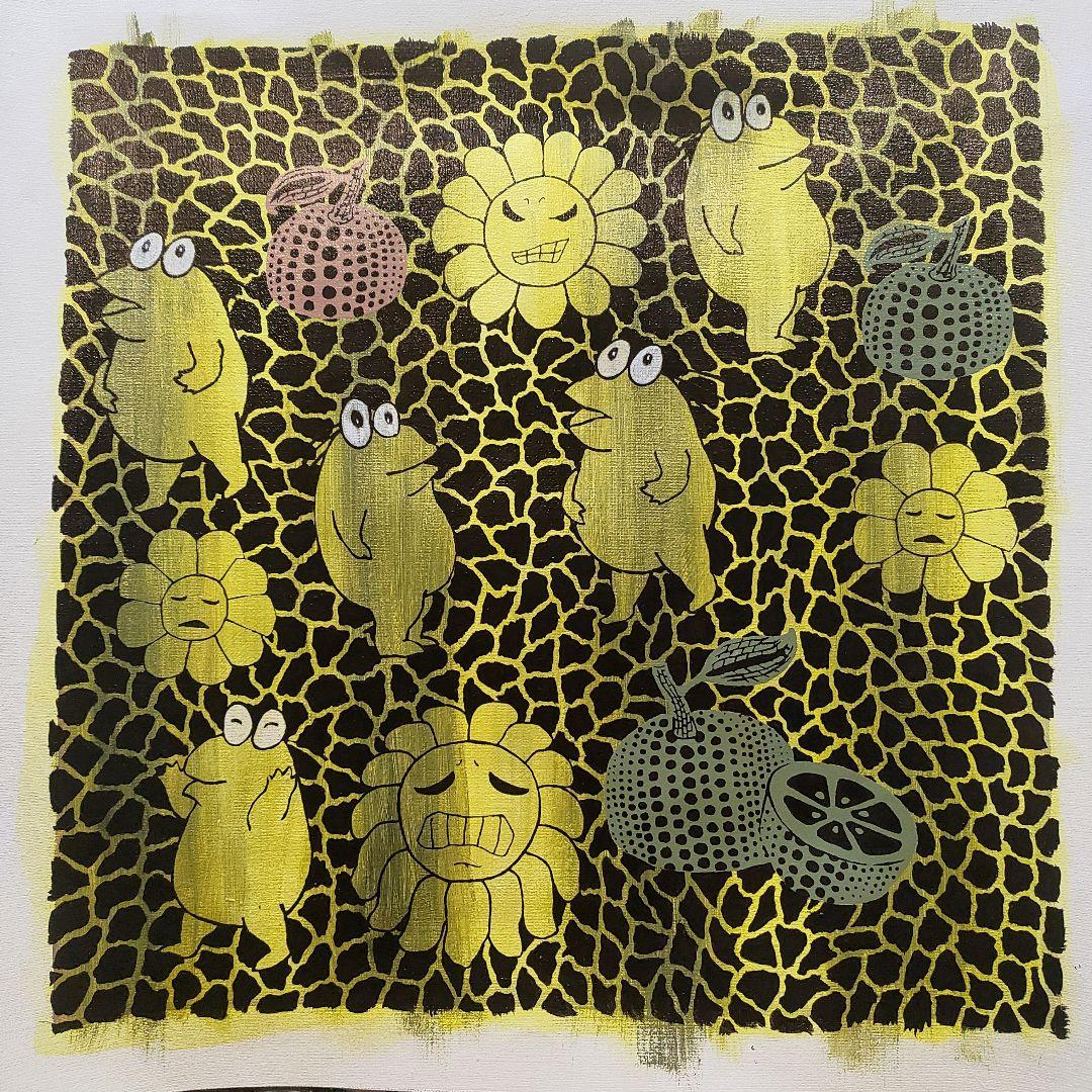 内山田画廊　s6号　アクリル画 キャラクターと花のデザイン