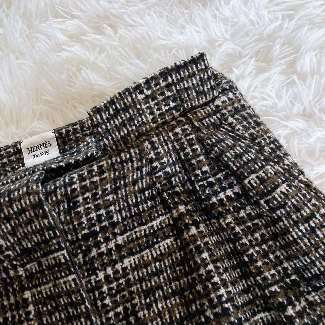 希少✨美品【エルメス】カシミヤウールツイードラップスカート シルク ブラウン34