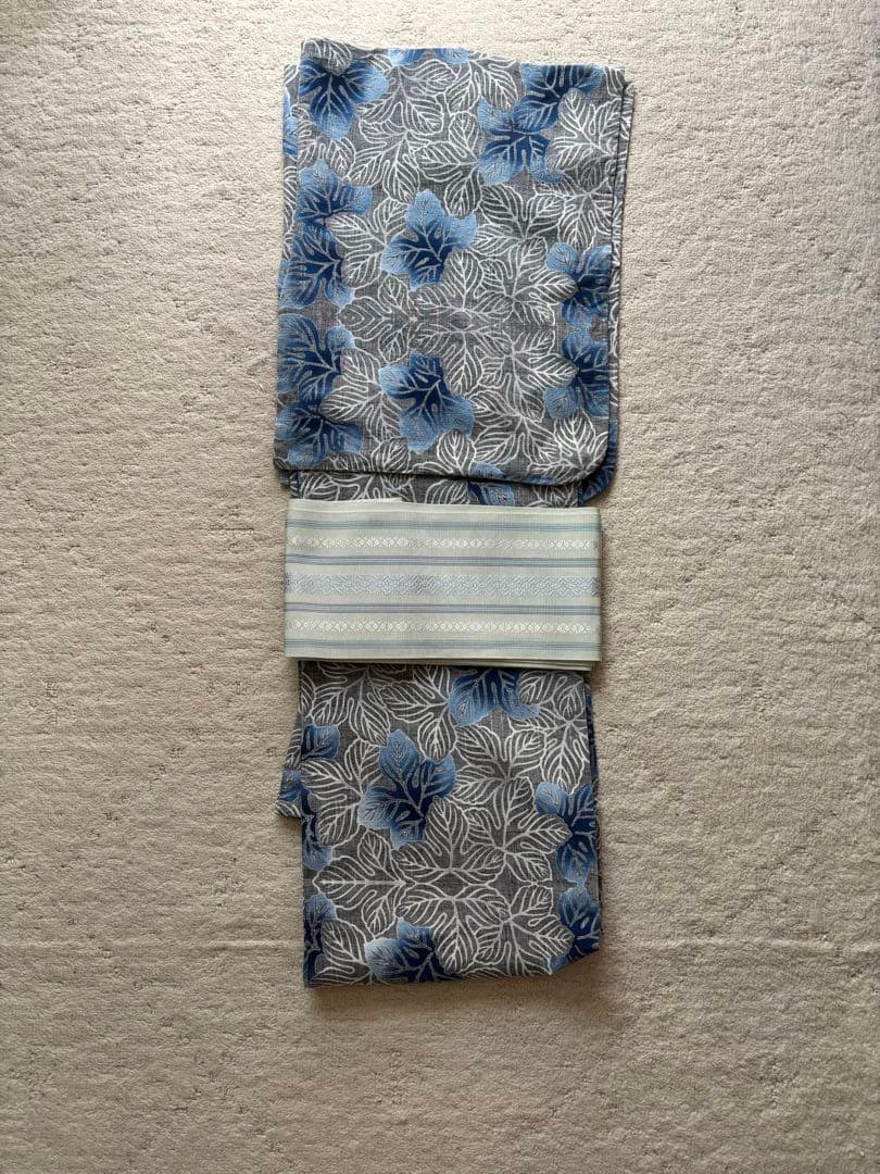 青い葉柄の浴衣　竺仙　綿紬　注染