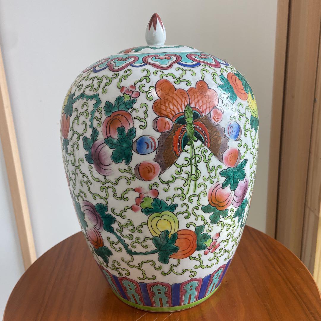 中国，花瓶 ，景德镇，時代物，粉彩 ，大壷　，大花瓶　，大甕　，蓋付き